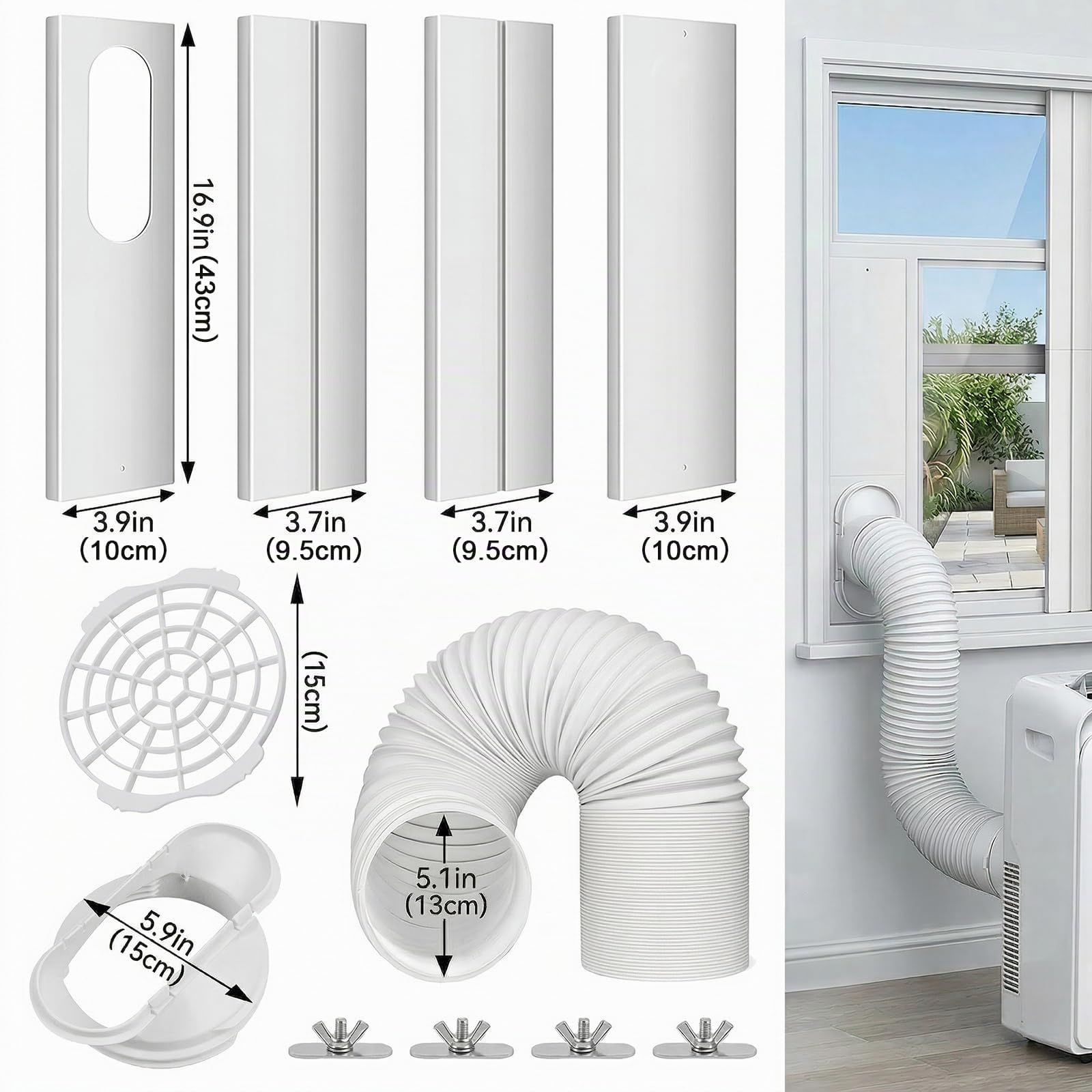 Klimaanlage Fensterabdichtung Kit, 4 Platte Mobile Klimagerät Fensterkit Verstellbar 43-150cm, Fenster Klimaanlage Abdichtung mit Adapter 130mm Abluftschlauch für Horizontalen Schiebefenster