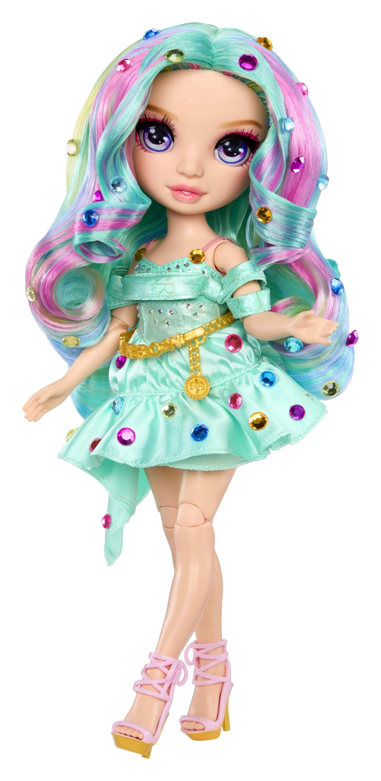 RAINBOW HIGH Be Dazzling - Celine Turquoise - Muñeca de Moda Turquesa de 28 cm con Herramienta para Deslumbrar, Gemas Brillantes y Accesorios de Estilismo