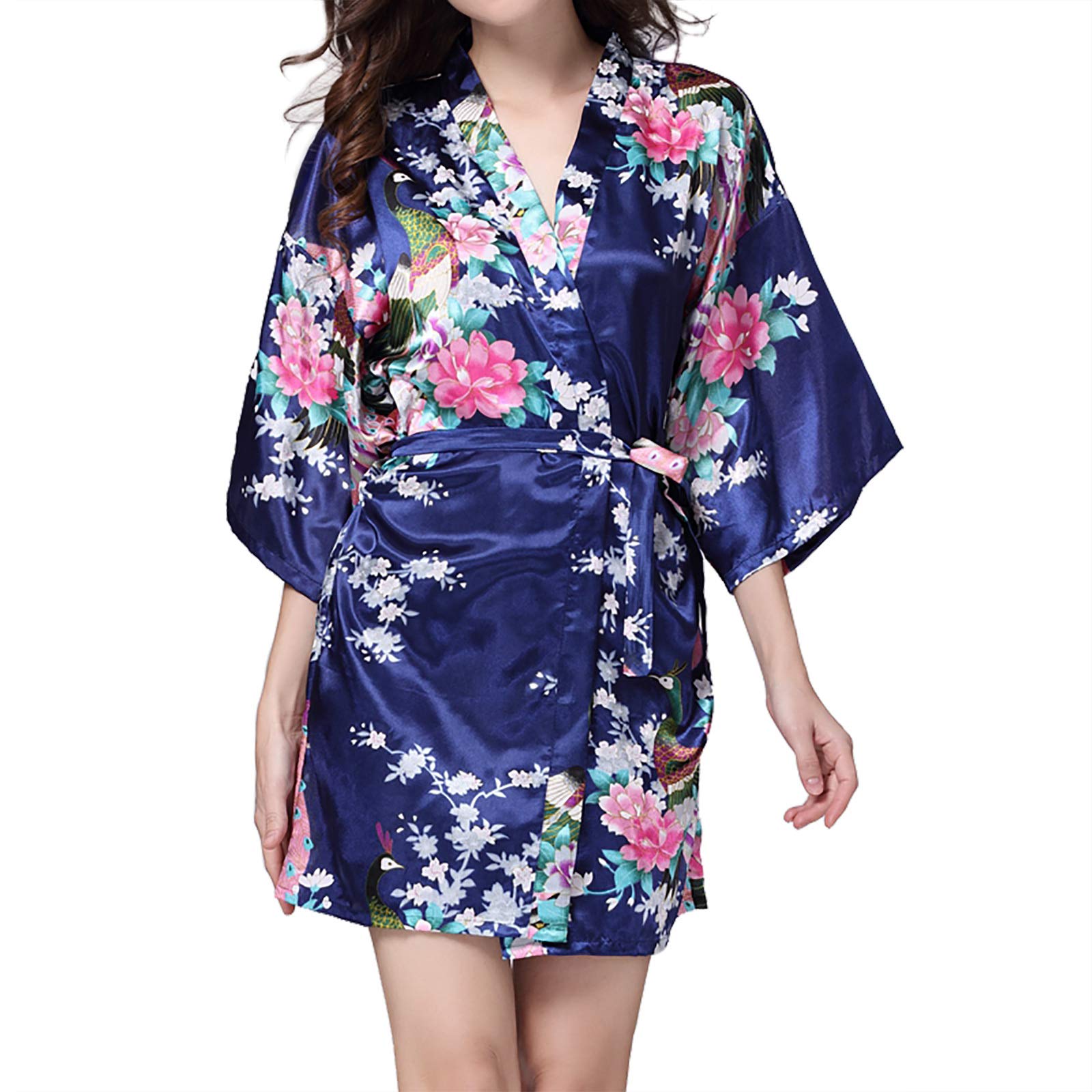 Women Kimono Robes Satin Dressing Gown Printed Sleep Nightwear Short Silk Bride Bridesmaid Robe