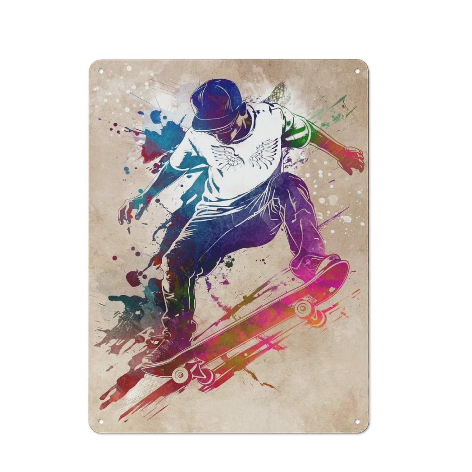 Modern Retro Decorative Metal Plaque 40x30cm Featuring Skateboarder Watercolor Art, Loft Wall Plaque for Flat, Bar, Studio Or Gallery Wall