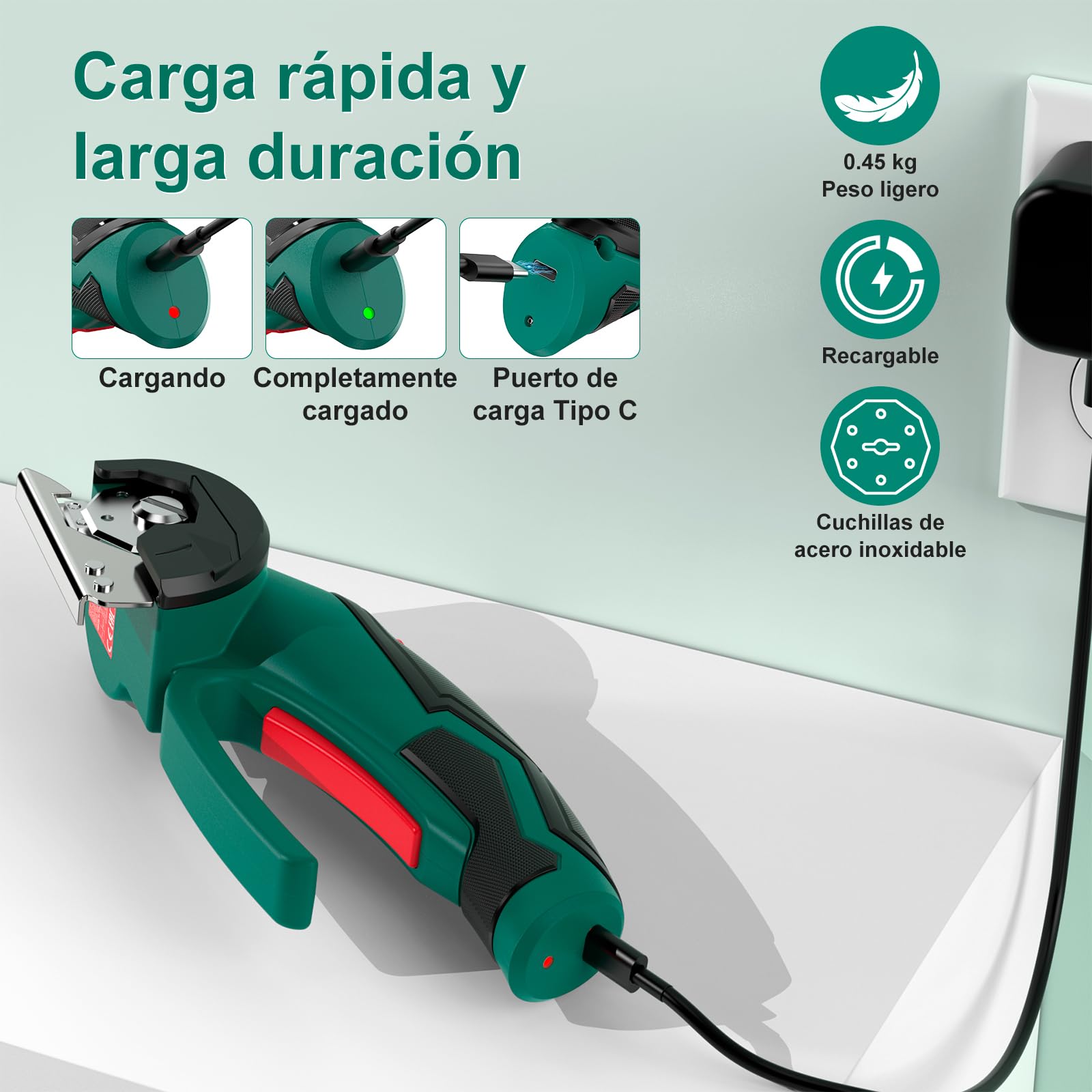 HYCHIKA Tijera Electrica Inalámbricas 4V, Cúter Rotativo Eléctrico 300 RPM, Tijeras Eléctricas con 2 Cuchillas y LED para Tela, Costura, Cuero, Alfombra, Cartón y Plástico