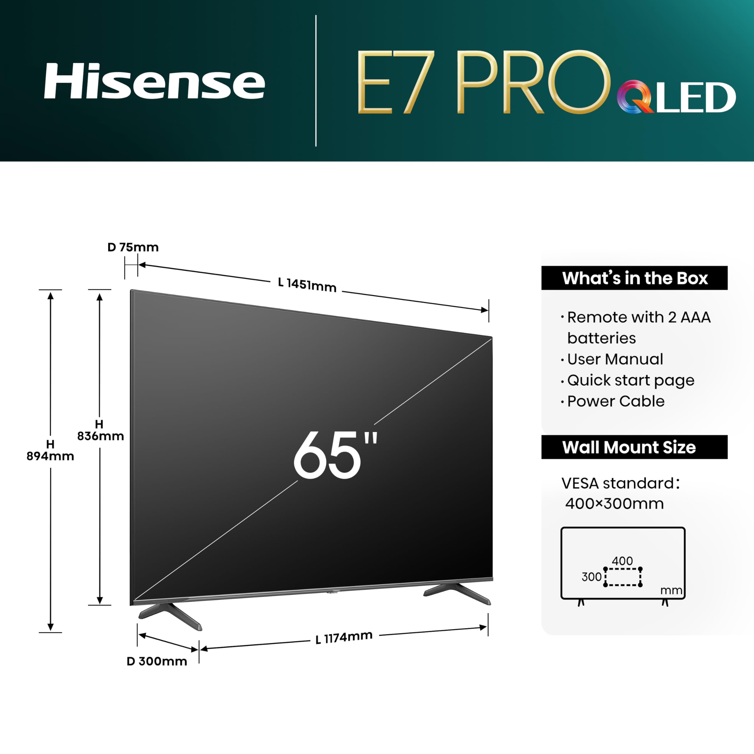 Hisense 65E7NQ Pro 164 cm (65 Zoll) Fernseher, 4K UHD, QLED, Smart TV, Total HDR, Dolby Vision IQ Atmos, 144Hz (VRR), HDMI 2.1, Game Mode PRO, Triple Tuner, Alexa Built-In, Dunkelgrau, [2024]