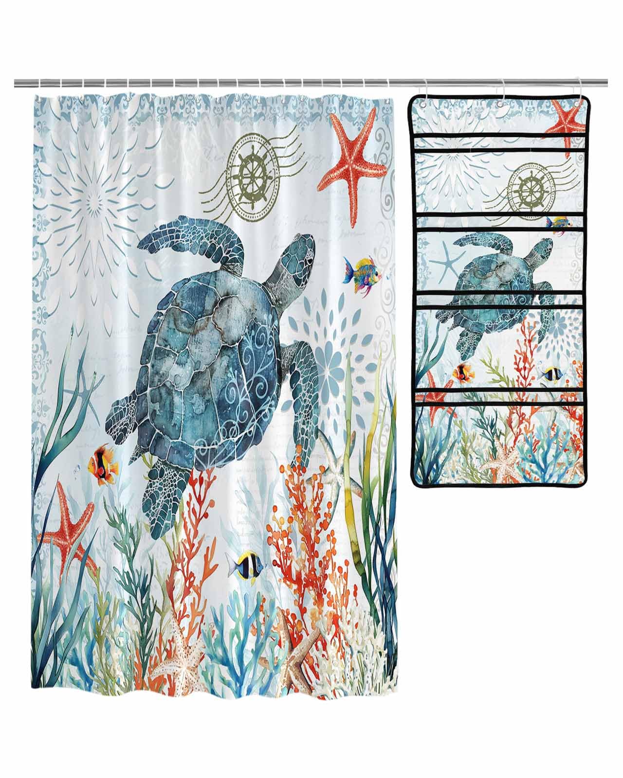 ZFUNCING Shower Curtain Mesh Shower Organizer Set Coastal Ocean Turtle Coral Starfish Waterproof Bath Curtains Hanging Shower Caddy