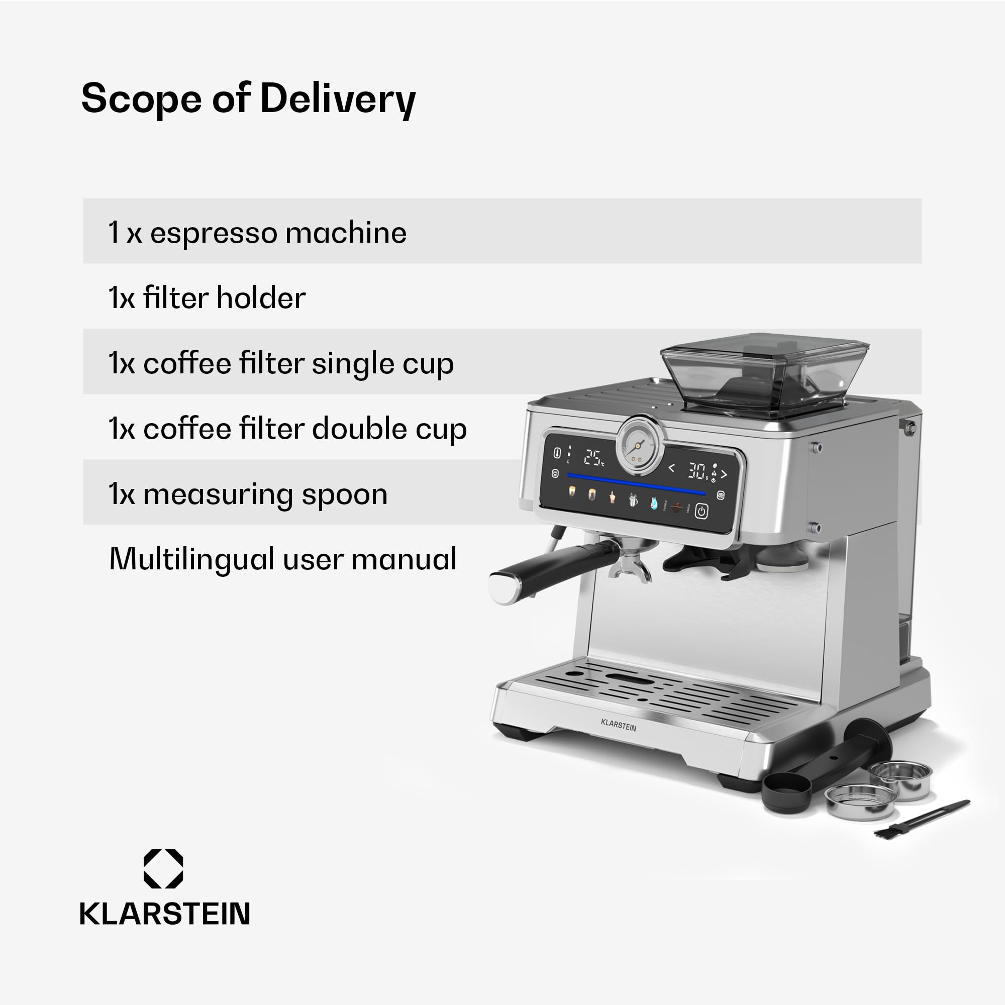 Klarstein GrandPresso Touch Ekspres kolbowy z młynkiem – 20 barów, 1350 W, Zintegrowany precyzyjny młynek, Zbiornik 2,3 l, Ekran dotykowy, Stal nierdzewna, Dysza parowa, Manometr