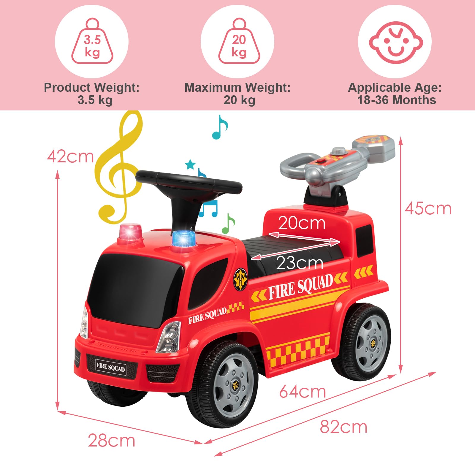 SOARS Rutschauto, Feuerwehrauto mit Seifenblasenpistole & Musik, Rutschfahrzeug mit Sirene & Warnleuchte, Kinderfahrzeug bis 20kg belastbar, für Kinder ab 1 Jahr (Stil B)