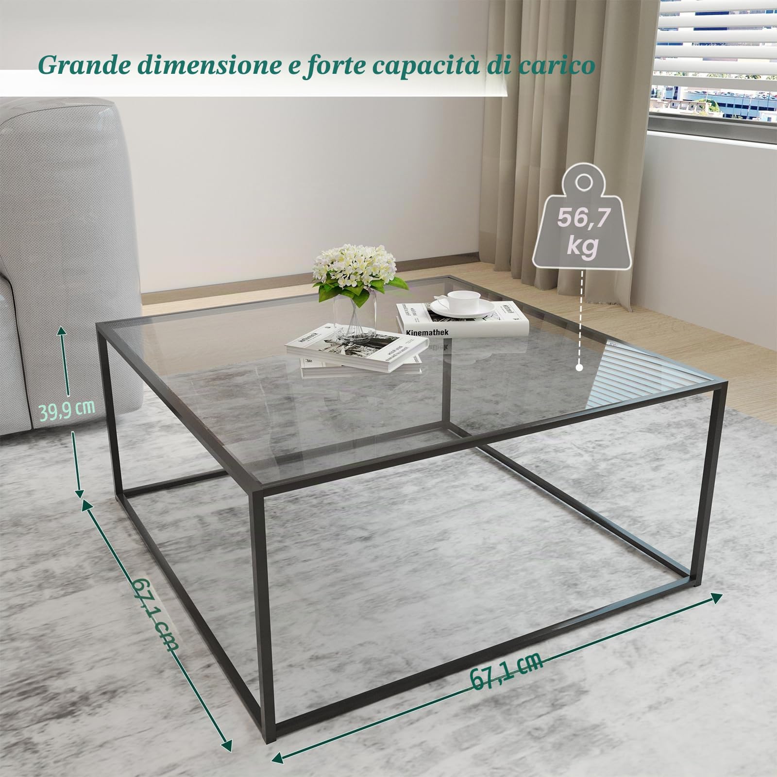 Huhote - Tavolino da soggiorno, tavolino in vetro, tavolino rotondo da salotto, 4 mm, nero, con struttura in metallo per soggiorno, balcone, ufficio, tavolino in vetro 45x70 cm
