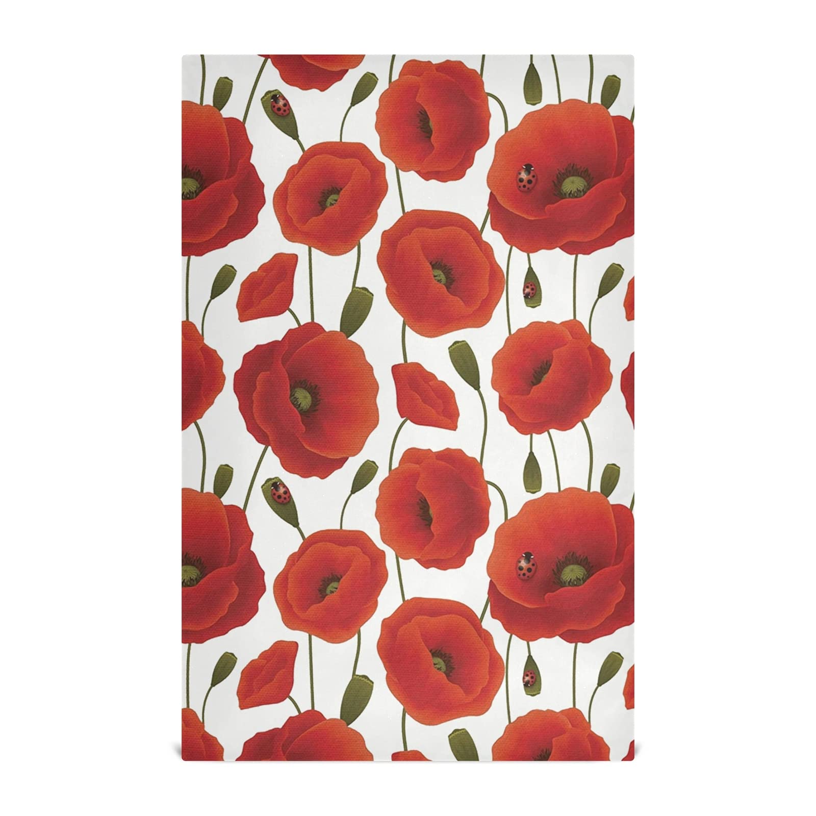 Moyyo Red Poppy Flower Beetles Tea Towels Set of 4 Pcs Soft and Absorbent Kitchen Towels with Hanging Loop Polyester Large Hand Towels Dishcloths Bar Towel Cleaning Cloth for Dishes Glasses Countertop