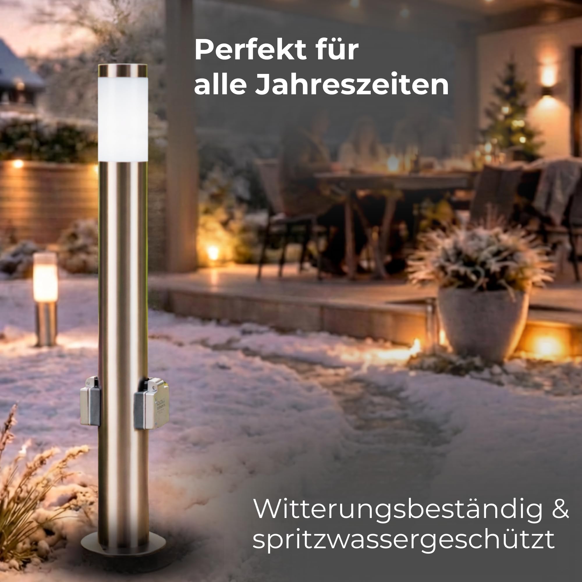 Novatool Gartenlampe I 80 cm I mit 2 Steckdosen I Edelstahl I IP44 I E27 Sockel I Gartenleuchte Stehlampe Säulenlampe außen Aussenleuchten Steckdosenverteiler Steckdosenturm Gartensteckdose…