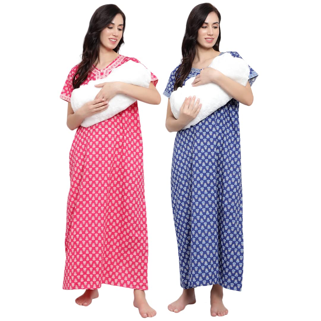 CIERGE Women's Cotton Printed Maxi Maternity/Feeding Nighty (Pack of 2)