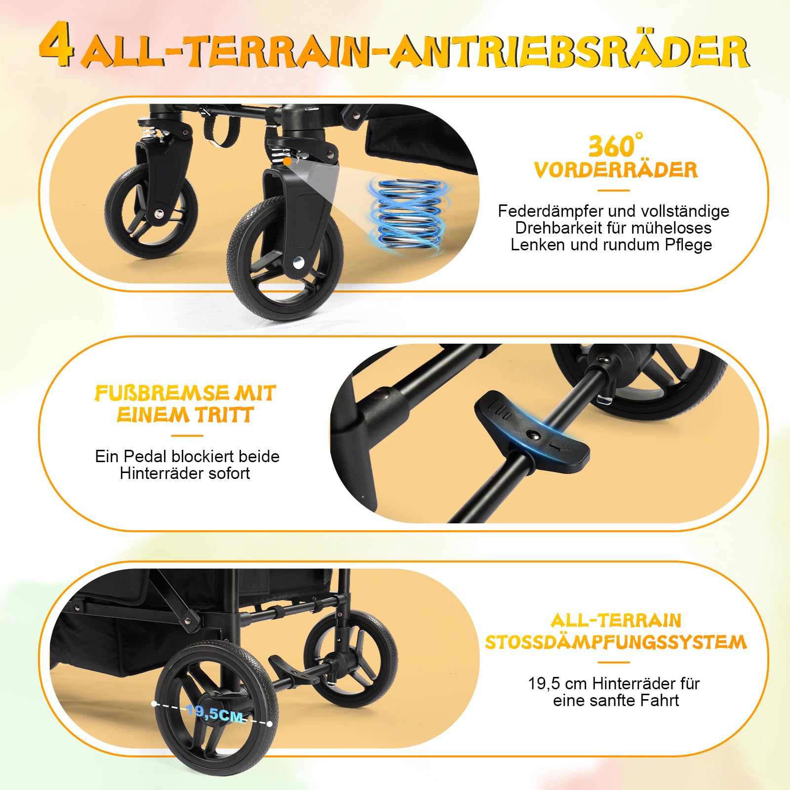 Bonnlo Bollerwagen Faltbar Kinder mit Dach, Doppel-Kinderwagen 121x53x110,5 cm, All-Terrain-Räder, 360° Vorderräder mit Federung, Fußbremse, 5-Punkt-Gurt, abnehmbares Sonnendach UV-Schutz, Schwarz