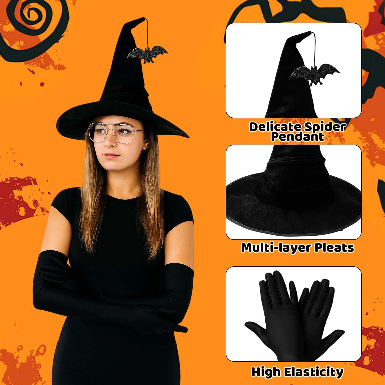 3 Pcs Halloween Hats for Women Accessories Wizard Hat with Bat Pendant, Gold Rimmed Glasses, Elegant Black Gloves - Image 3
