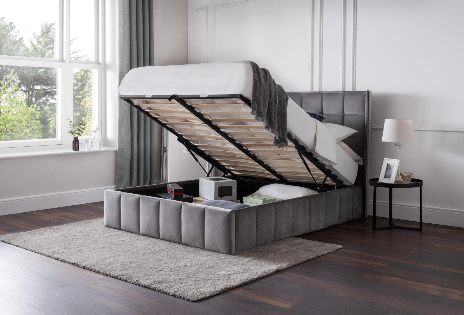 Julian Bowen Light Grey Fabric Gatsby Storage Ottoman Bed, Double
