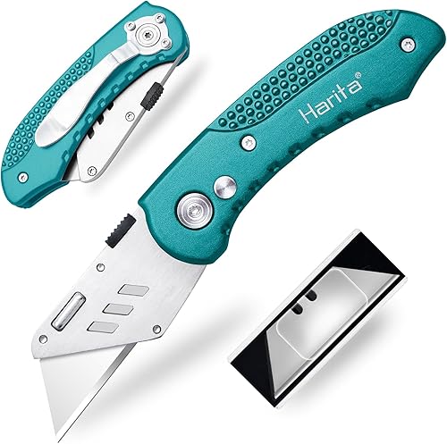 Harita Cuchillo utilitario para cortar cajas, cortador de cartón, cuchillas de cambio rápido, mecanismo de bloqueo posterior, clip de cinturón