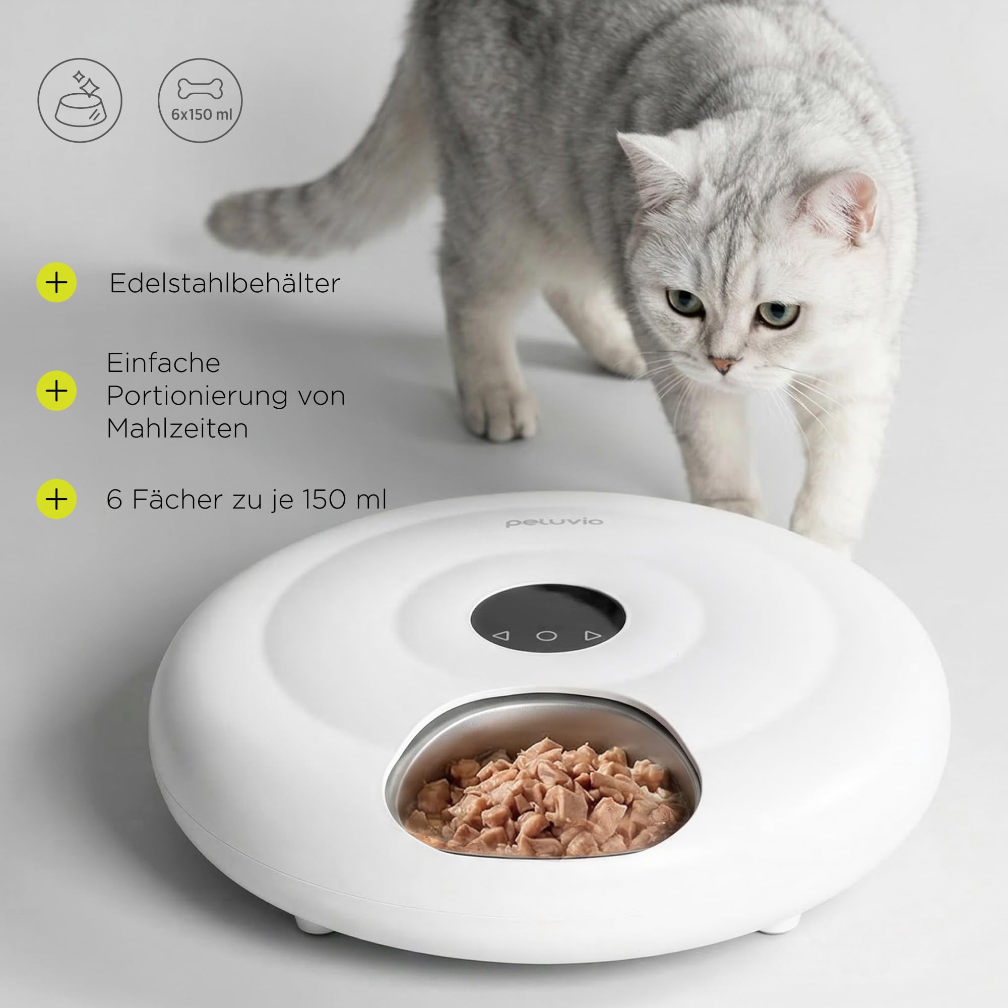 Nube Futterautomat Katze Nassfutter, Mit Kuehlung, Wi-Fi Smart App | Manuelle Steuerung, 6 Kammern Zu 150 ml, 4000 mAh Akku, Edelstahlschale, Anti-Jam, Panelsperre