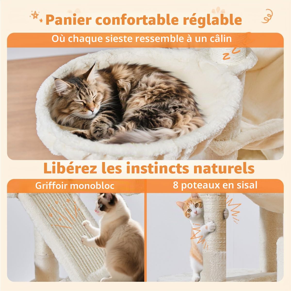 Taoqimiao Arbre a Chat Maine Coon,180cm Stable Arbres à Chat XXL avec 2 Condos Spacieux pour Chats, 8 Griffers, 2 Plateformes, Panier pour Matou, Confortable Hamac, Beige MS026LM