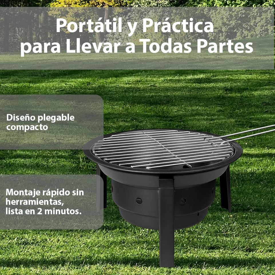 WEIDA Barbacoa de Carbón Portátil y Plegable con Bolsa Transportadora | Portátil de Acero Inoxidable | Barbacoa de Carbón Redonda 36cm | Pequeña Ideal para Camping, Terraza y Jardín
