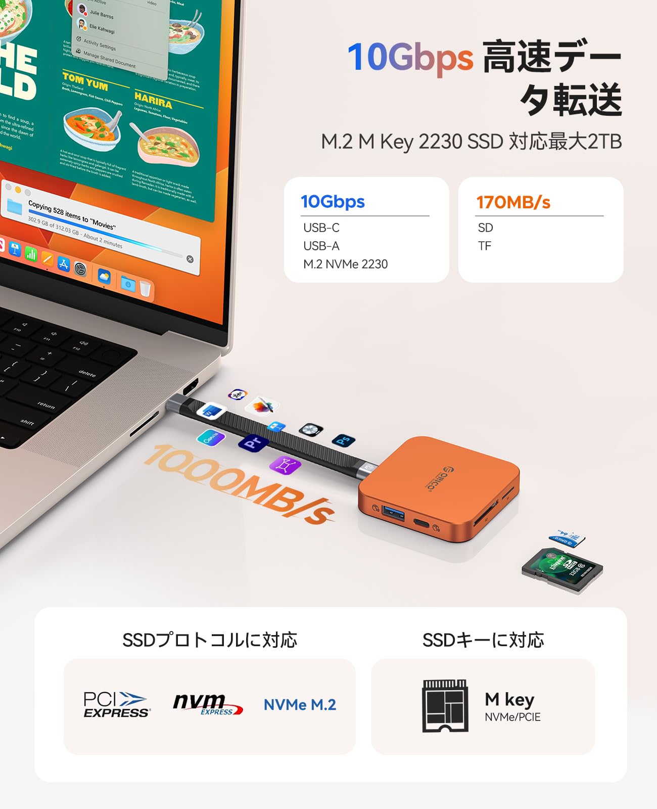 Amazon | ORICO マグネット式 8-in-1 USB-Cハブ M.2 SSDケース内蔵