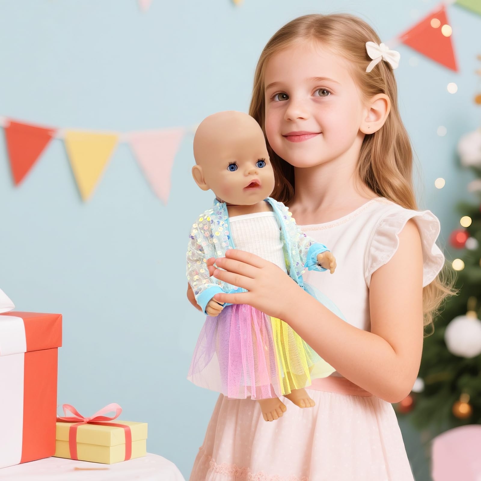 Ubrania dla lalek 14, 16, 17 i 18 cali, 6 ubrań, cekinowa kurtka, opaska na głowę, torba na buty 35-45 cm, dla noworodka, lalki, dziewczynki, prezent od