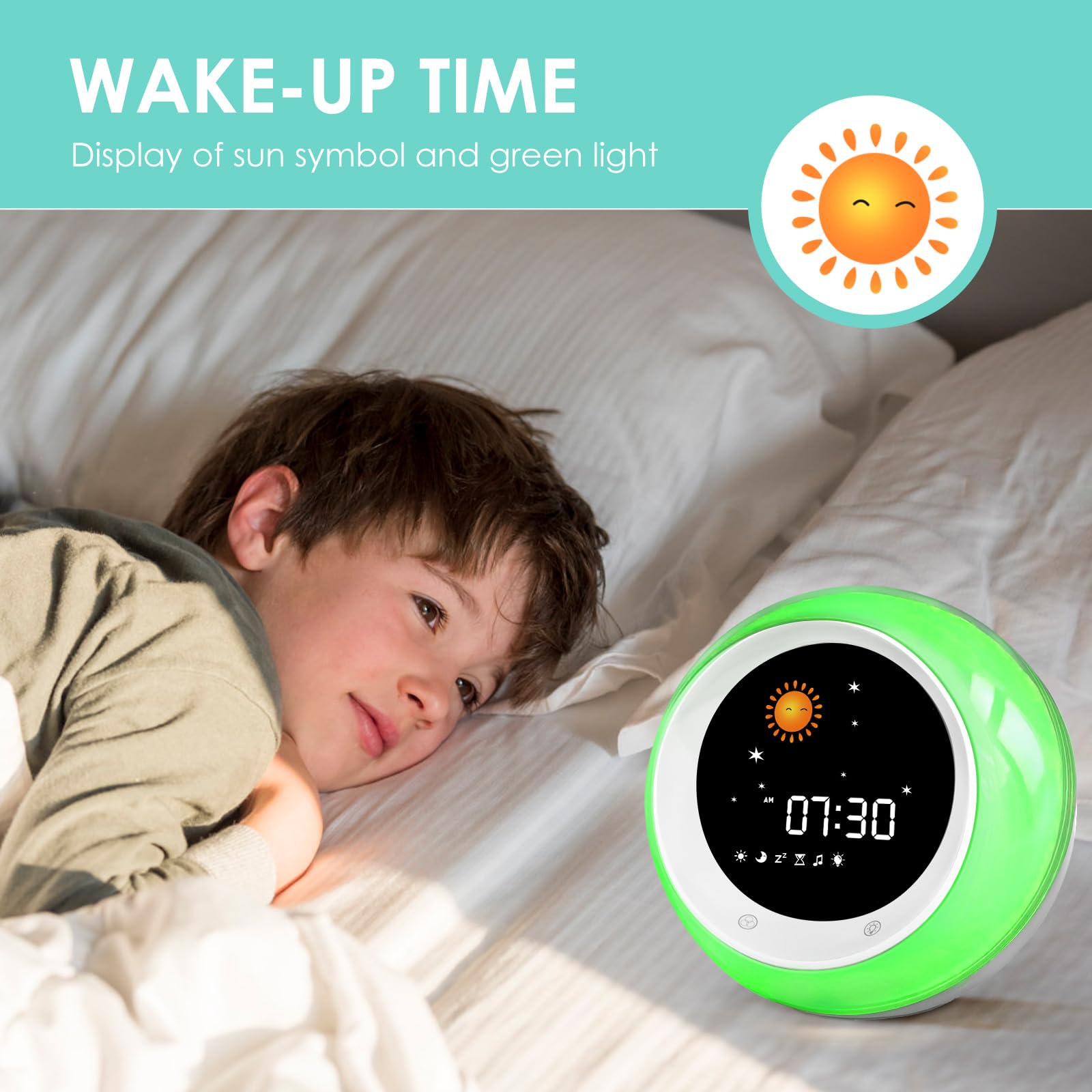 FiveHome Kids Alarm Clock, Sleep Training Clock with Sun & Moon, Sleep Sound Machine, Timer Night Light, OK to Wake Clock for Kids and Toddlers