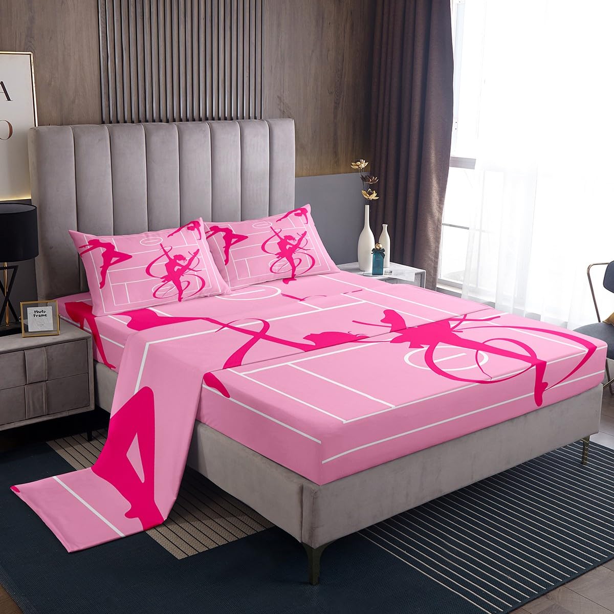 jejeloiu Girls Gymnastics Bed Sheets Set Twin Size Dancing Lover Silhouette Bedding Set for Kids Boys Pink Princess Sports Theme Fitted Sheet Room Decor