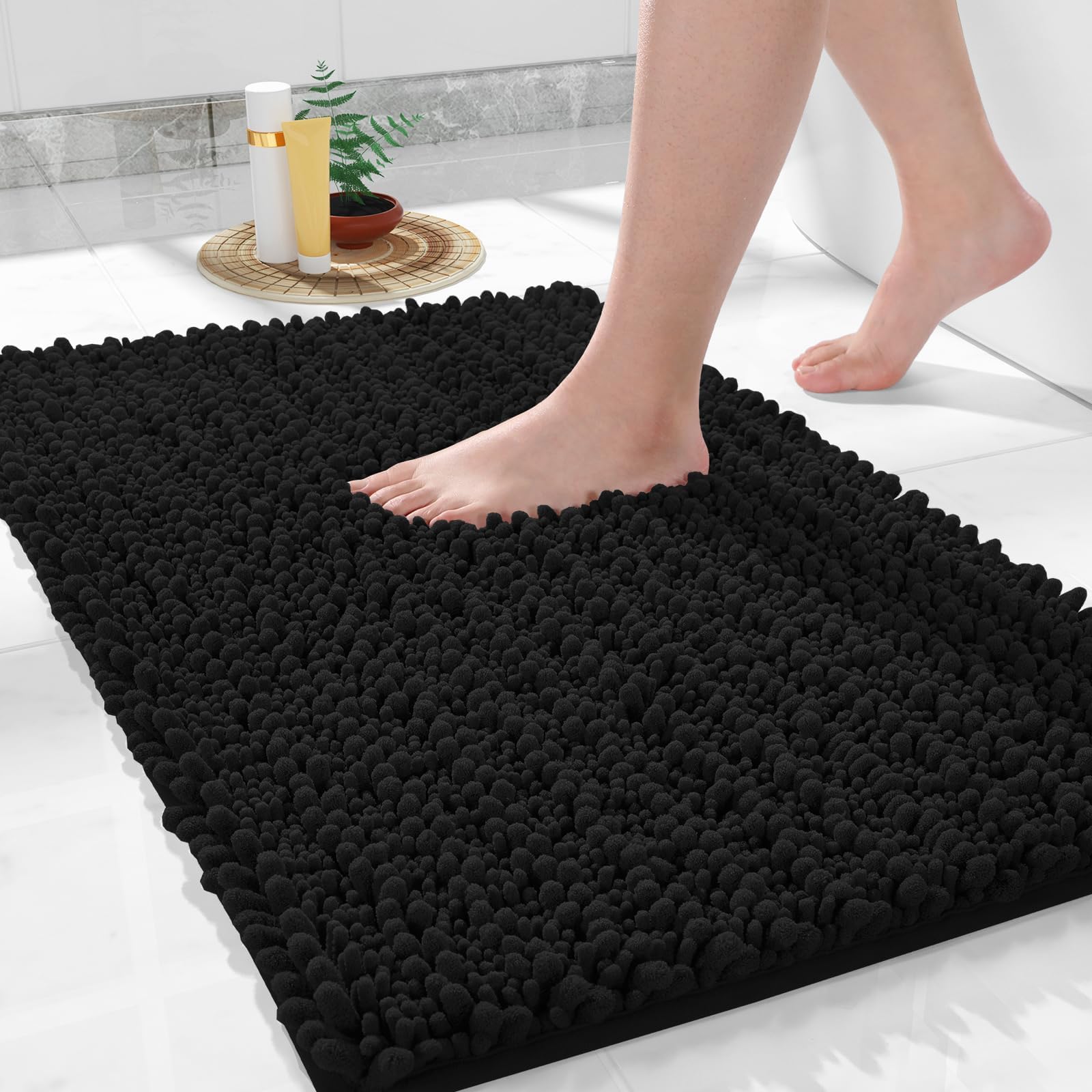 Chenille Luxury Bathroom Rectangular Rug Mat 24X17,Extra Soft&Absorbent Bath Rugs,Non-Slip Plush Shaggy Bath Carpet,Machine Wash Dry,Bath Mats For Bathroom Floor,Tub And Shower,Black