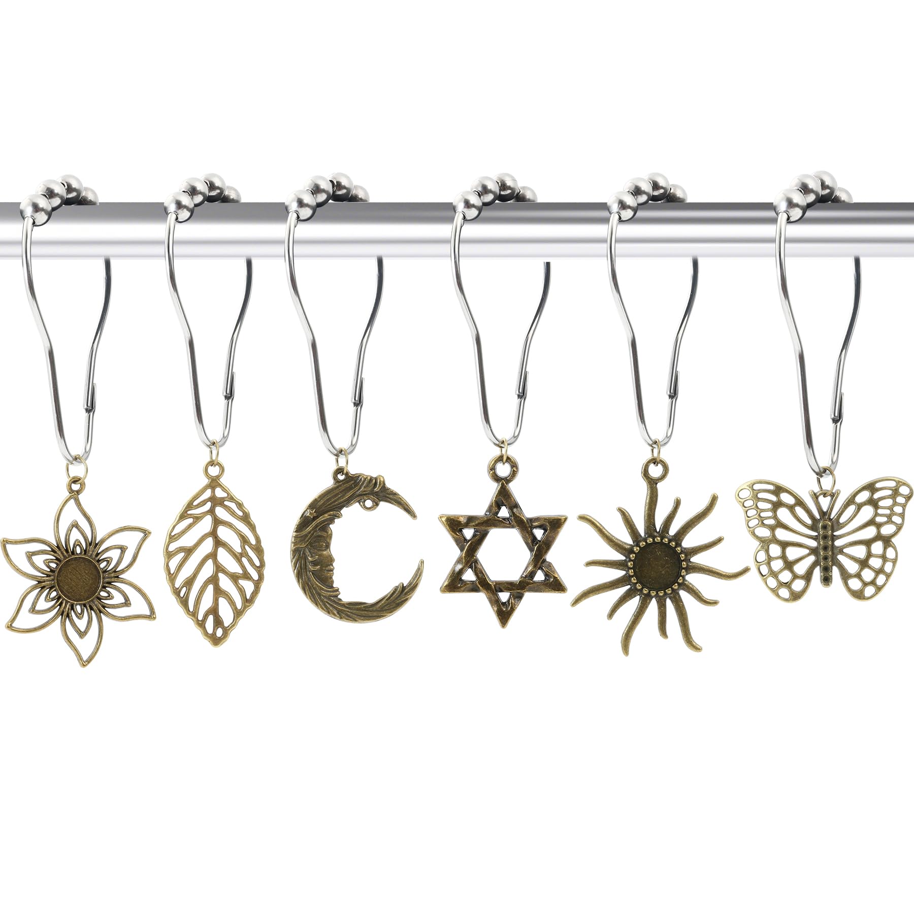 INSYOHO 12 Pack Boho Shower Curtain Hooks - Vintage Gothic Bathroom Set, Antique Bronze Metal Hooks with 6 Bohemian Designs (Sun, Moon, Star, Flower, Leaf, Butterfly) for Retro Bathroom Decor