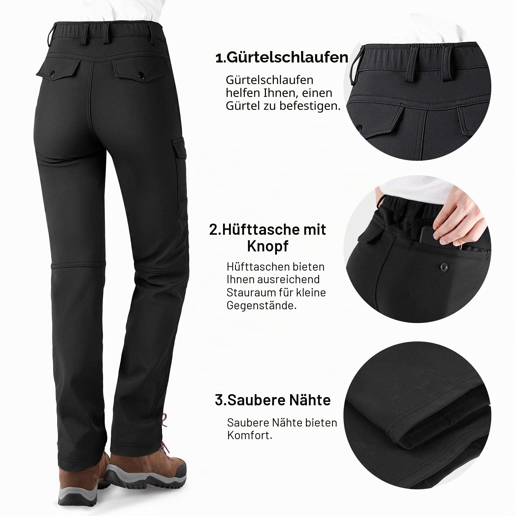 KUTOOK Wanderhose Damen Winter Gefüttert Warm Wasserabweisend Winddicht Outdoorhose 6 Taschen YKK Reißverschluss Softshellhose Trekkinghose Schwarz HP312