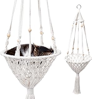 Bella & Balu Katzen-Hängematte - Weißes Bohemian Stil Makramee Baumwolle Katzenbett - Dekorative, Platzsparende Katzenschaukel für Wand und Decke - Sichere und Komfortable Ruhezone - 30x30x100 cm product image