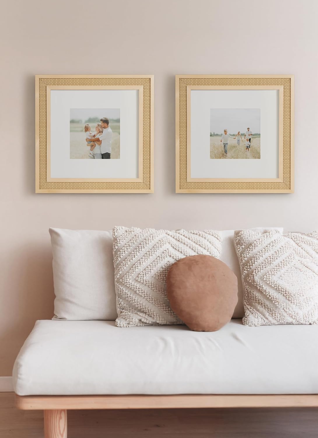 Kate and Laurel Corah Modern Square Faux Rattan Picture Frame Set of 2, 14 x 14 matted to 8 x 8, Natural, Boho Two-Piece Glass Photo Frame Set for Gallery Wall Design in Living Room Wall Decor
