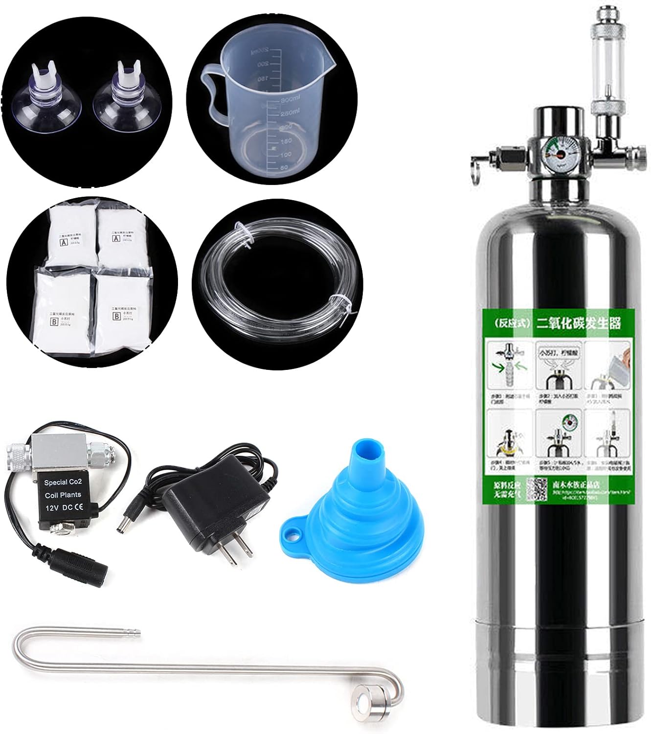 2L Co2 Generator System with Dual Gauge Display Pressure Gauge, DIY Co2 Generator System Kit w/6.56ft Air Hose, Automatic Pressure Relief Valve Bubble Counter for Plants Aquarium, Stable Output