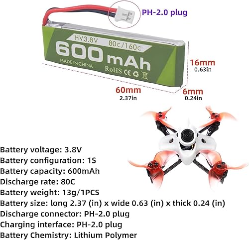 Miniatura 2 de 3 unidades 1S 3.8V 80C 600mAh batería de litio con conector JST-PH 2.0 enchufe adecuado para Cineahoop Tinyhawk Mini FPV Racing Drone RC control