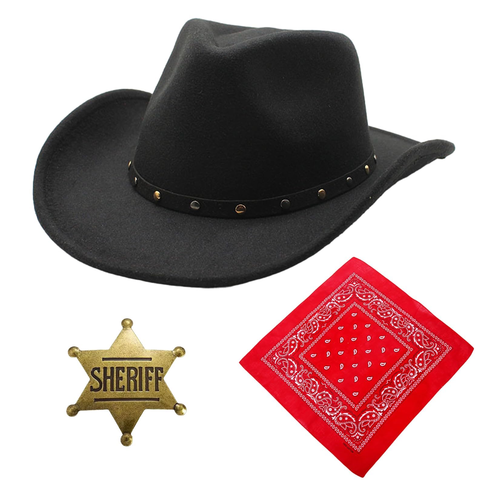 Essestim Cowboy Hats for Men Women, Unisex Adult Texan Cowboy Hat with Neckscarf, Sheriff Badge, Western Fancy Dress Party Accessory Wild Western Country Western Rancher (Style 2)