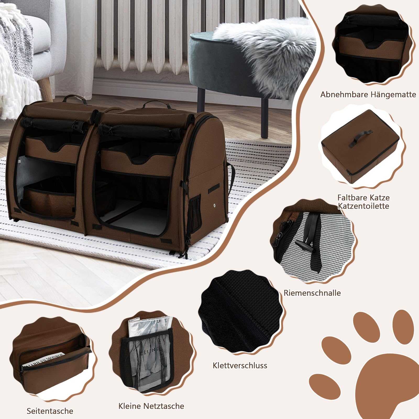GOPLUS Transportbox mit Zwei Fächern für Katzen, 2 in 1 Haustierhütte mit abnehmbaren Hängematten & Katzentoilette, Tragbare Reisebox für Katzen & Hunde mit Tragetasche (Braun)