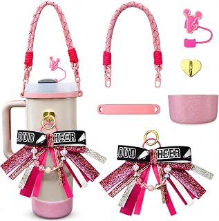 Cute Cheer Mom Charms Straw Cover Lid Set With Strap Carrier For Stanley Cup 20/30/40 oz Accessories For Owala/BrüMate Era 24/32/40 Oz Water Bottle Holder Pink Red