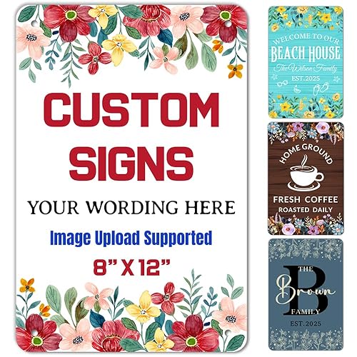 Personalized Signs, Custom Flower Leaves Frame Metal Sign Add Your Text Picture Decorative Plaques Aluminum Sign for Party Yard Indoor Ourdoor Business Property Office Home Door Decor 8x12 Inches