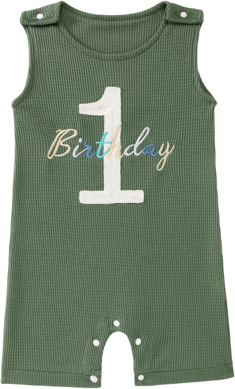 Ritatte Baby Boy 1st Birthday Outfit One Birthday Embroidery Romper Sleeveless Jumpsuit Cute Summer One Year Old Overalls