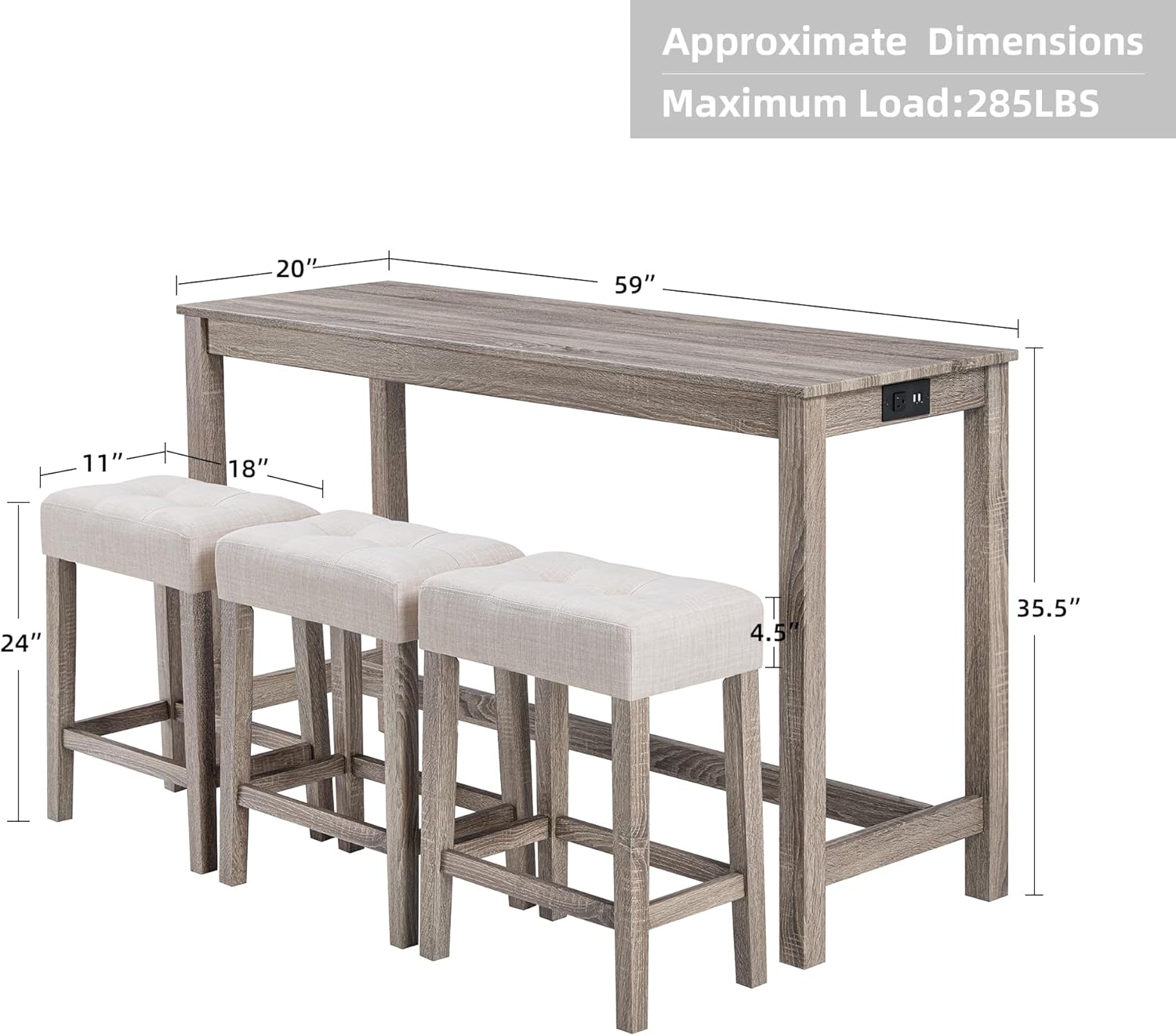 DUHOME 4 Piece Bar Table Set with Power Outlet,Industrial Breakfast Table with 3 Padded Stools Solid Wood Counter Height Dining Table Set for Living Room, Dining Room Cream+Brown