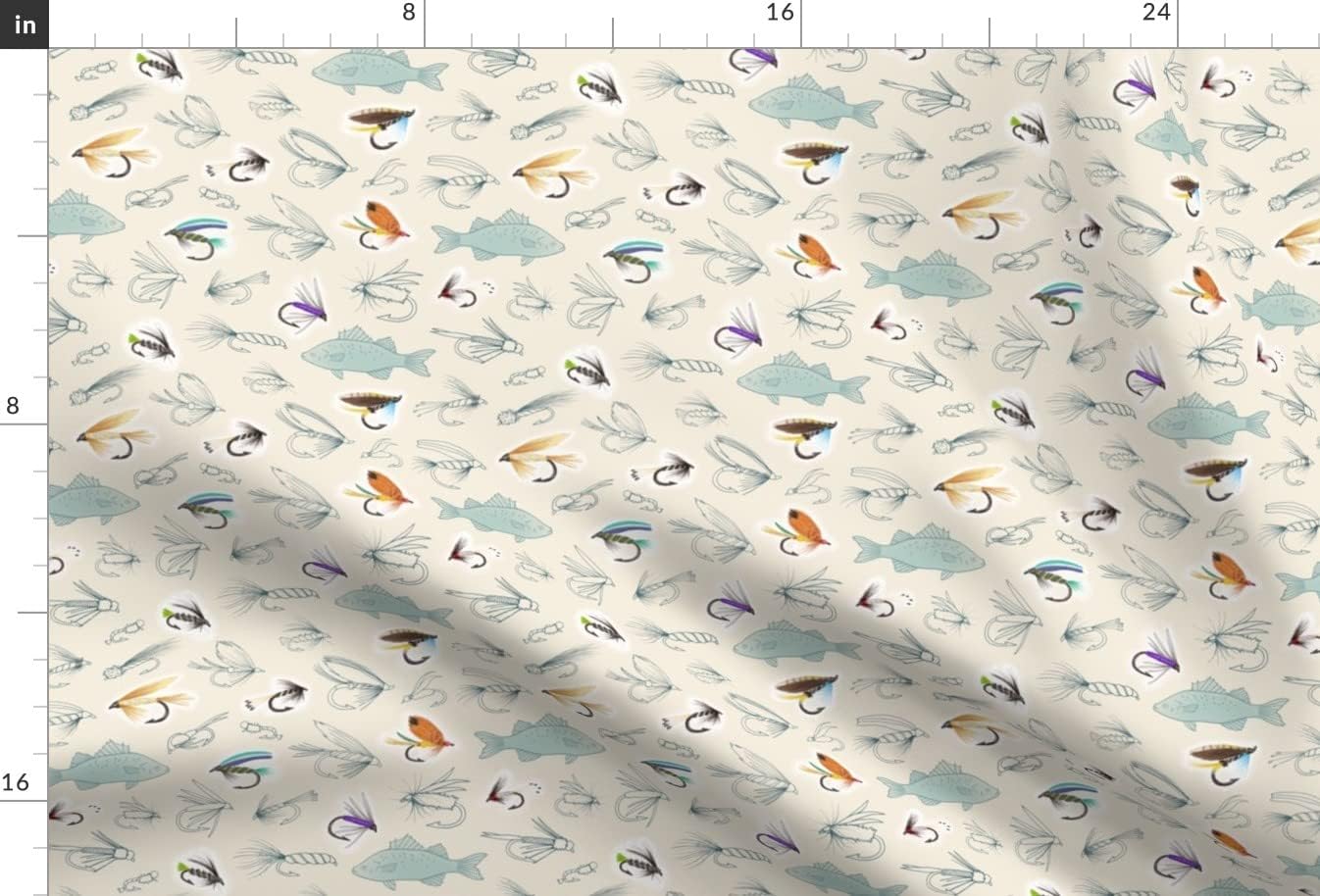 Spoonflower Fabric - Fishing Cream Medium Scale Lure Fly Drawing Fish Hook Printed on Minky Fabric by The Yard - Sewing Baby Blankets Quilt Backing Plush