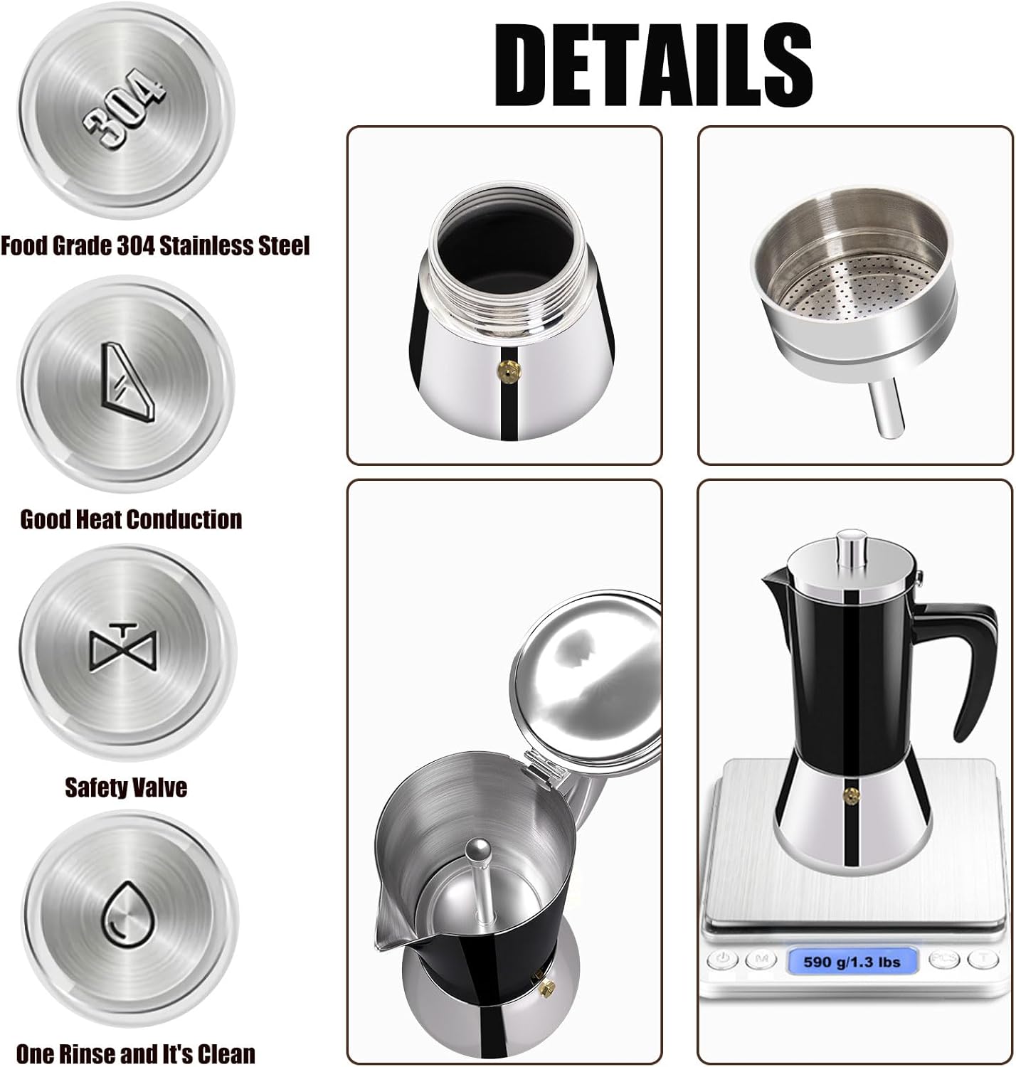 4 Cup Thickened 304 Stainless Steel Moka Pot Stovetop Espresso Maker Cafeteras Italian Percolator Espress Makers Capable Greca Mocha Coffee Machine for Induction Home and Camping 200ml 6.6oz