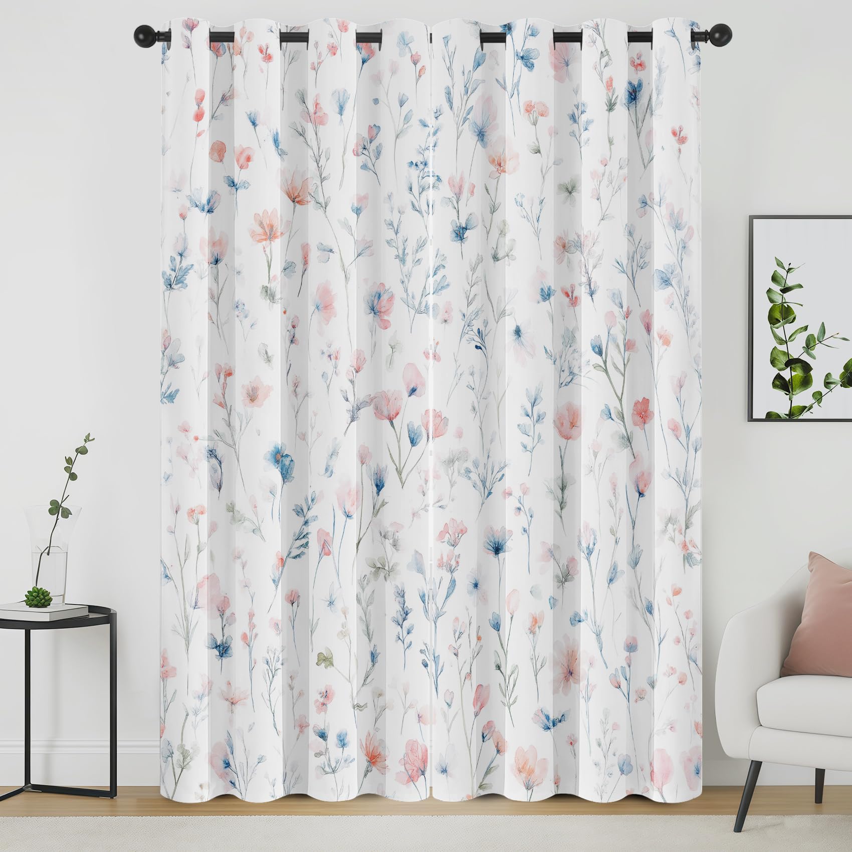Watercolor Floral Curtains, Pink Blue Flower Blackout Curtains, Rustic Country Eyelet Thermal Insulated Window Drapes 54 Inch Drop for Bedroom, Living Room, Home Decor, 46x54 Inch 2 Panels, hUo-54