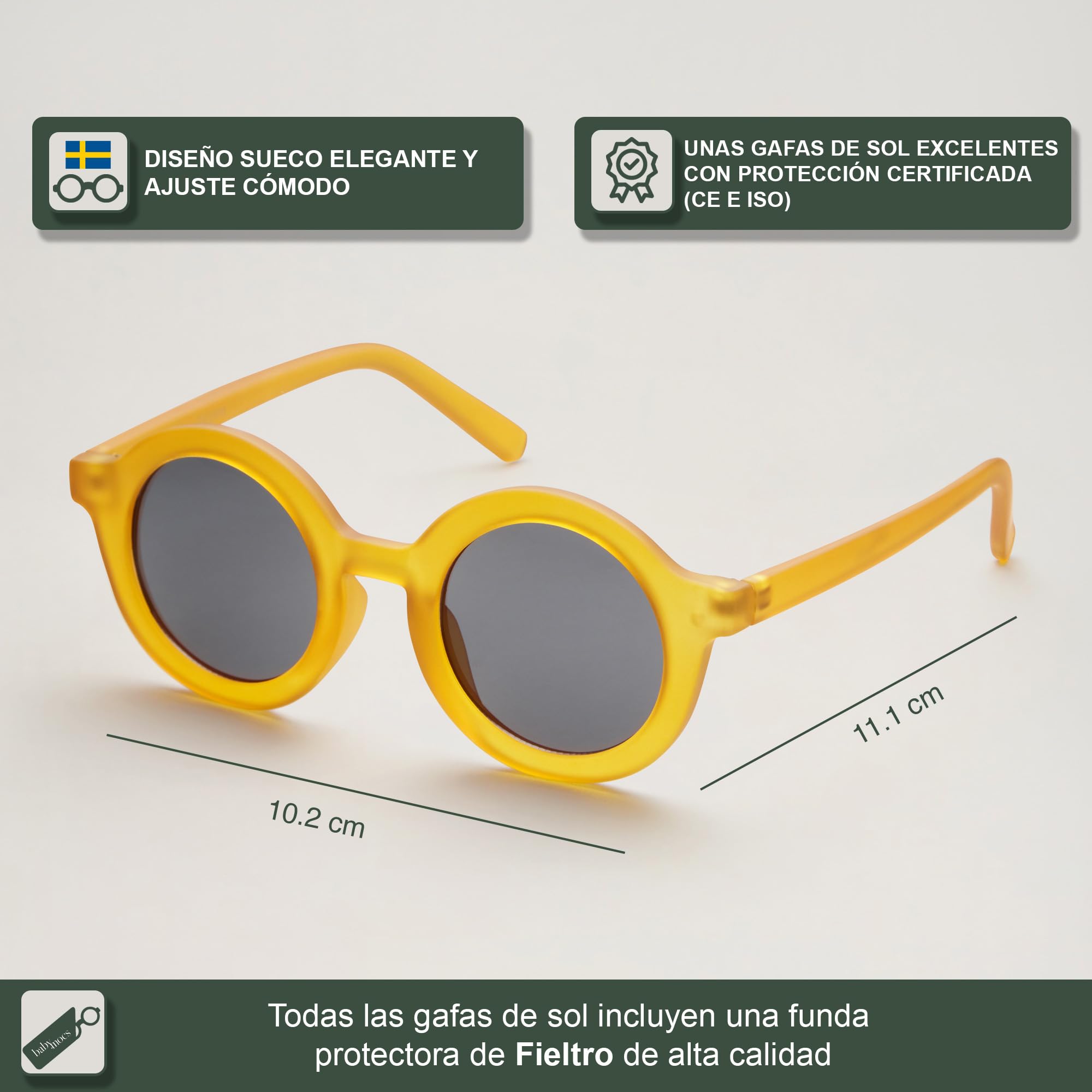 BABYMOCS Gafas de sol para bebé de 0 a 1,5 años, protección 100% UV400, cat. 3, marco de bioplastia reciclado, sin BPA, gafas de sol redondas para bebé, niños y niñas, diseño sueco, incluye bolsa