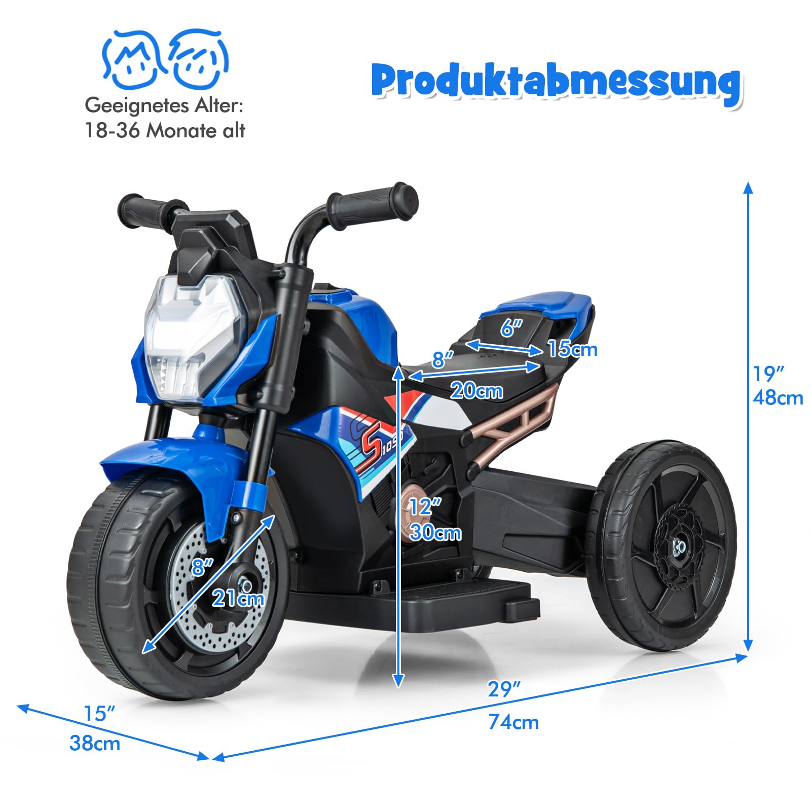 COSTWAY Elektro Motorrad Kinder, Elektromotorrad mit abnehmbaren Stützrädern & Scheinwerfer & Musik & Hupe, 2-3 km/h Motorrad Elektro für Kinder von 18-36 Monaten (Blau)