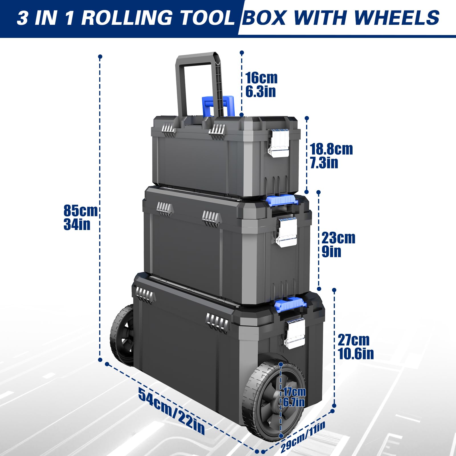 3-in-1 Werkzeugkoffer mit Rollen,Modularer Werkzeugkoffer Leer,Stapelbarer Werkzeugkiste,Oberteil mit Teilebox,mit Abnehmbarer Kleinteilebox,Geeignet für Zuhause,Reparieren und Garage,17"+19"+21"