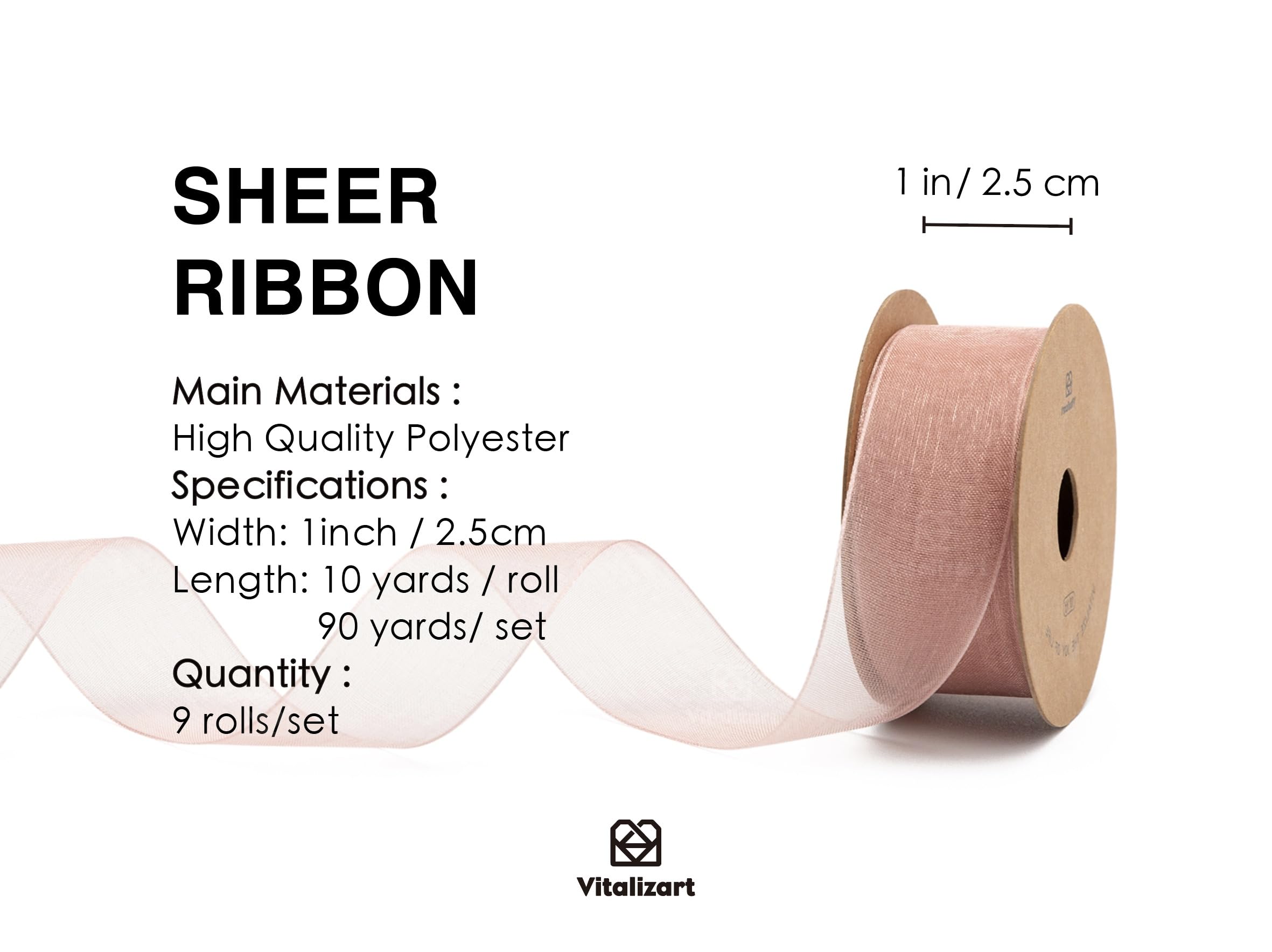 Vitalizart Christmas Organza Ribbon 9 Colours, 1'' x 90YD (9 Rolls*10YD) - Image 2