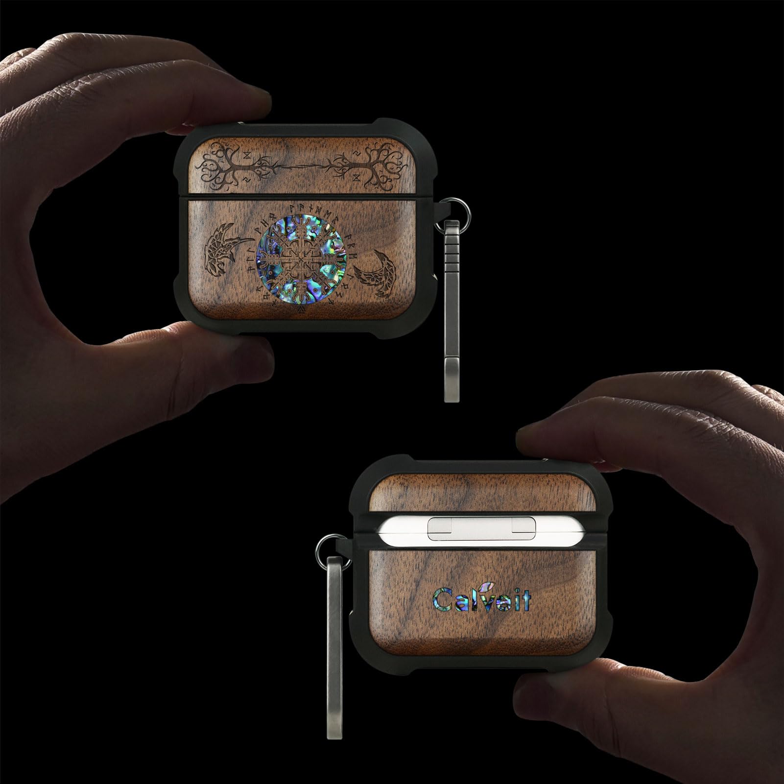 Carveit Etui kompatybilne z AirPods Pro 3 (2025), drewniany grawerunek i muszla, odporne na uderzenia twarde etui kompatybilne z Airpods Pro 3 (orzech, Yin Yang-Wolf)