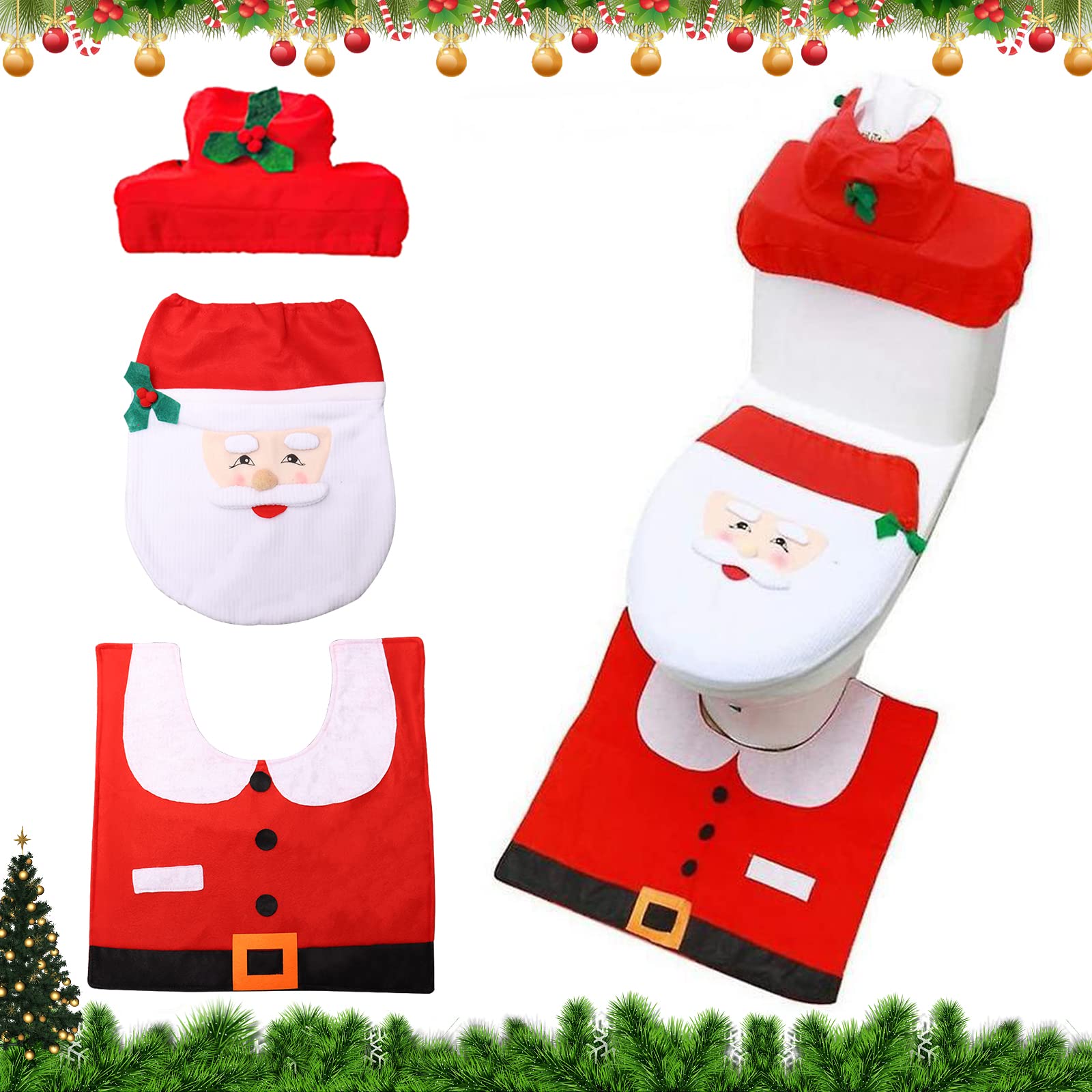 IBLUELOVER Set Bagno Natalizio 4 Pezzi: Copriwater, Tappeto E Copri Scatola Fazzoletti Con Elfo E Palla Di Natale