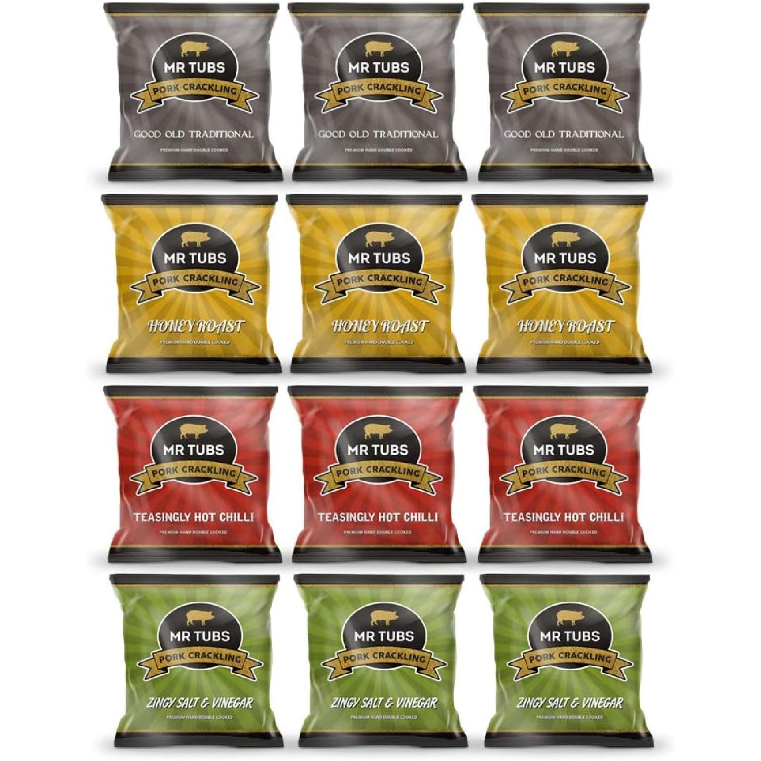Ciccioli di Maiale di Qualità Mr Tubs Cotti due Volte - Pacchetti In Alluminio di Sapori Diversi - Ciccioli Pregiati e Non Scarti d Maiale (12 Sachets, Mixed)