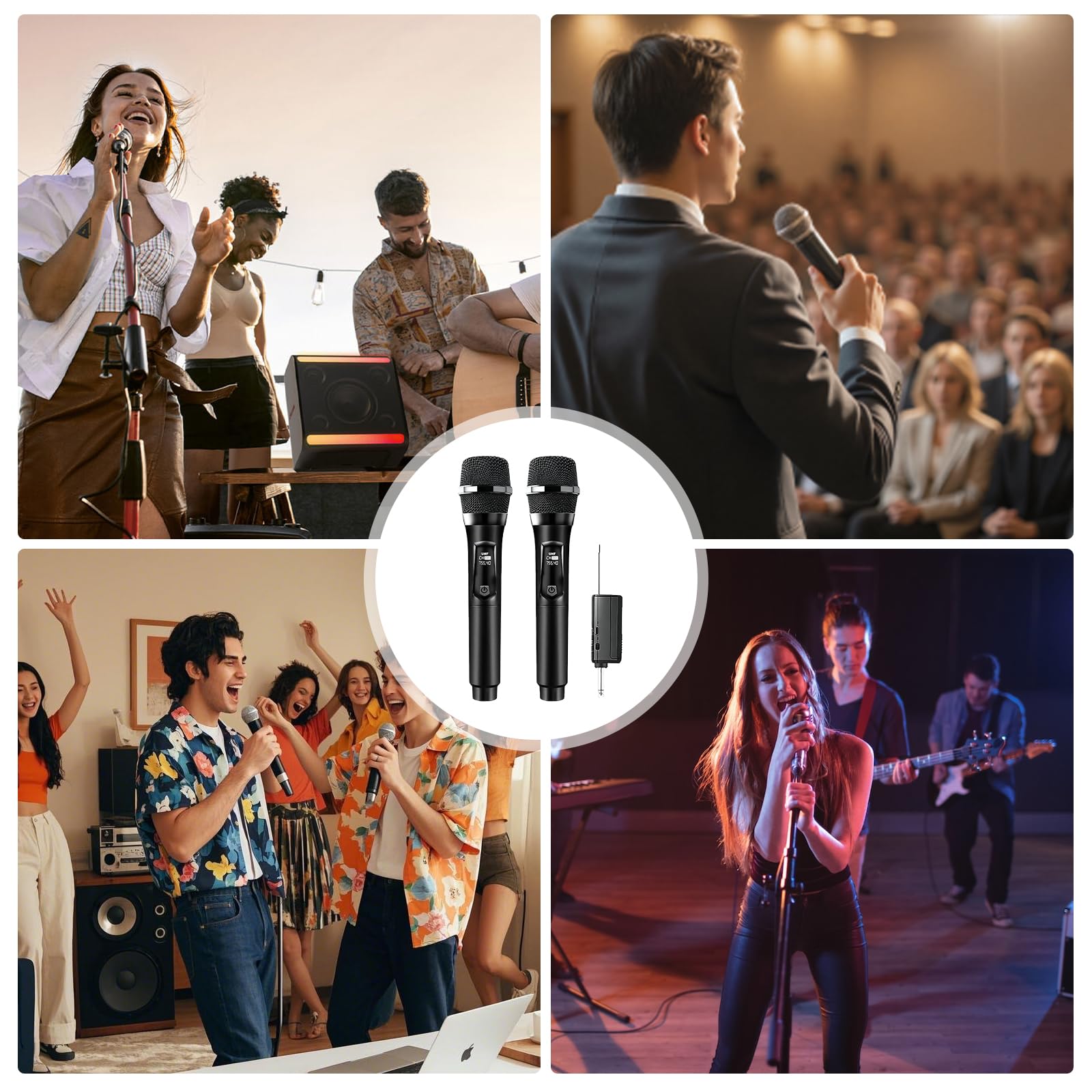 Microphone Sans Fil, Double Microphone Karaoké, Double Portable Micros Dynamiques Avec Récepteur, Microphones A Main Sans Fil Rechargeable Pour Églises, Mariages, Karaoké, Chants, Fêtes, Soirées, Dj