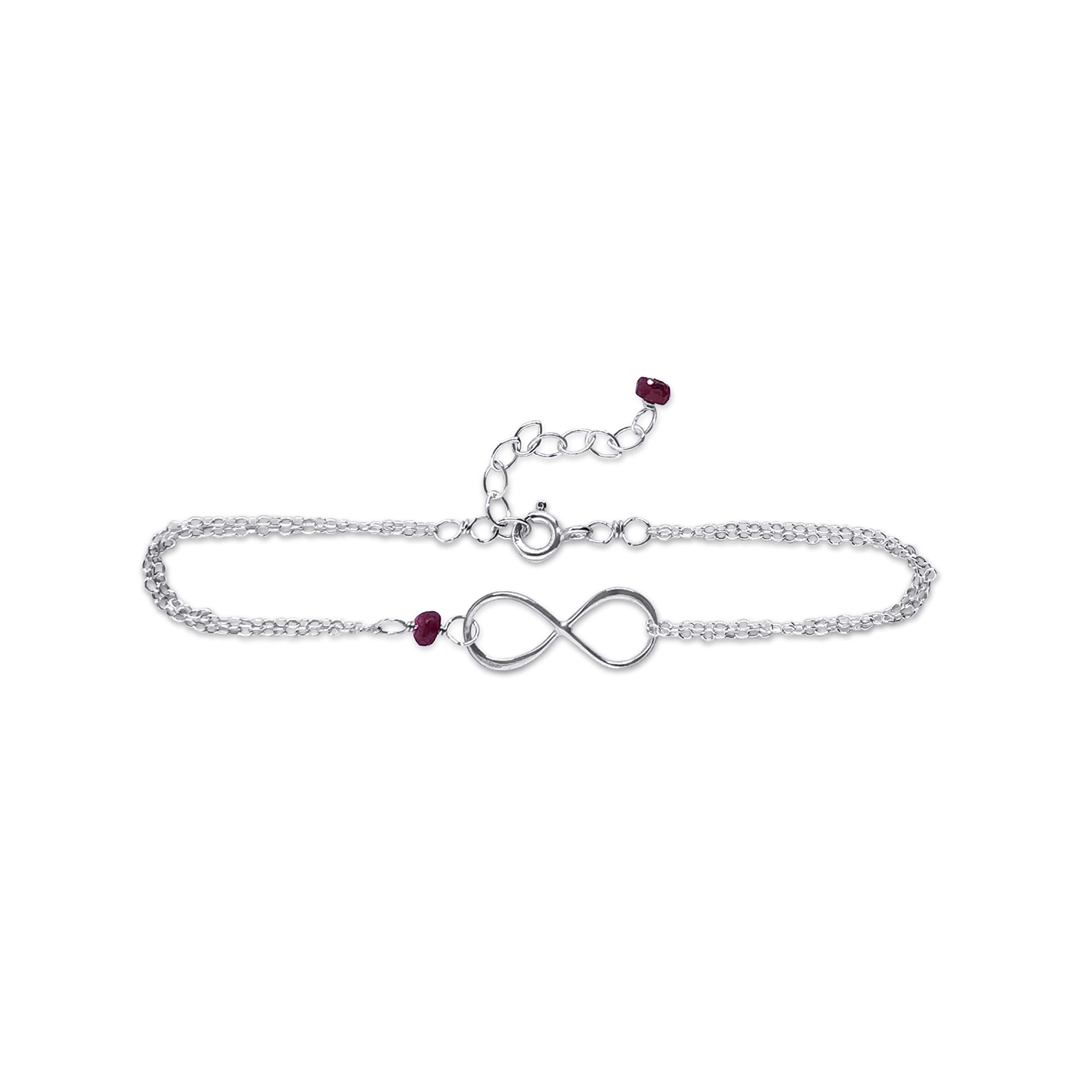 Silver Birthstone Infinity Charm Bracelet - Ruby, Sterling Silver - Handmade July Birthday Gift for Her