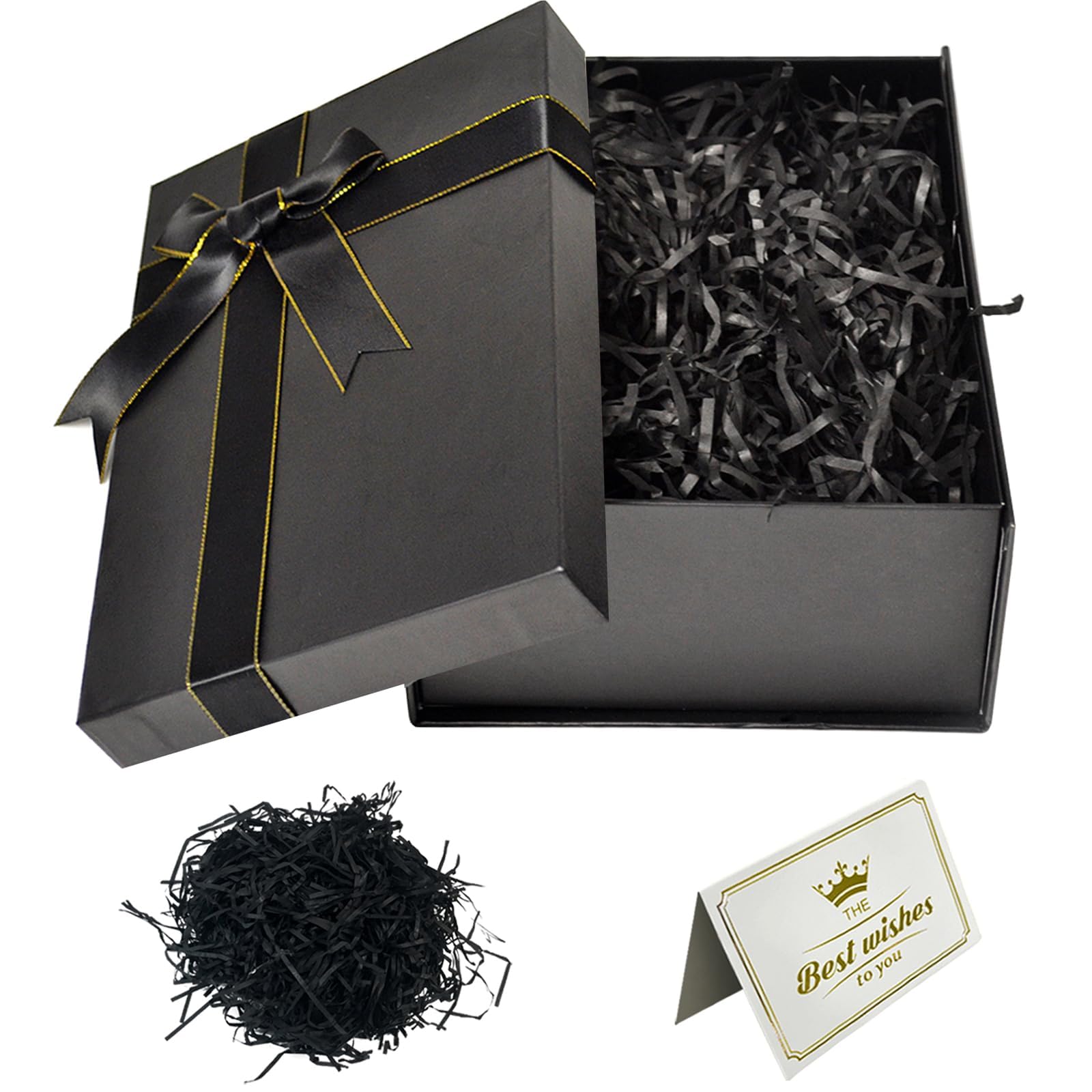 Black Gift Box, Gift Boxes for Presents 25x18x8.5cm Gift Box with Lids Silk Ribbon & Greeting Card